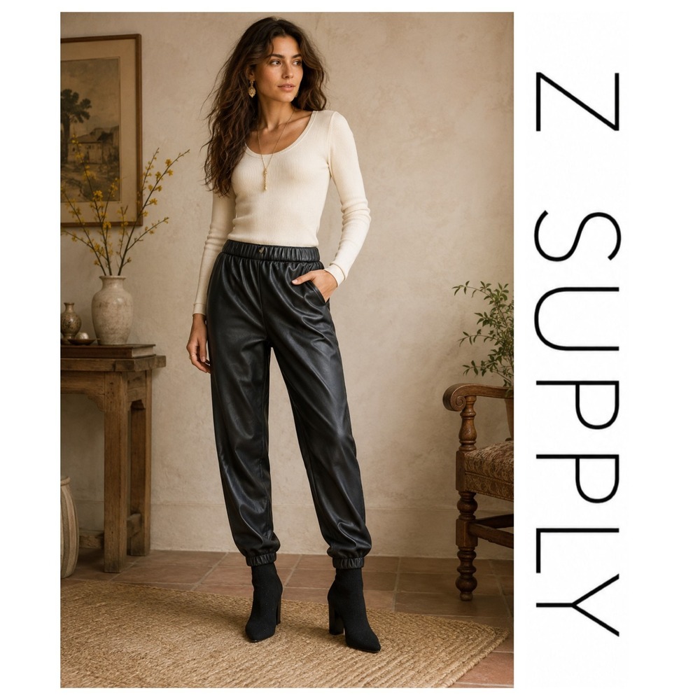 Z Supply Black Lenora Faux Vegan Leather Jogger Pants Sz S NWT